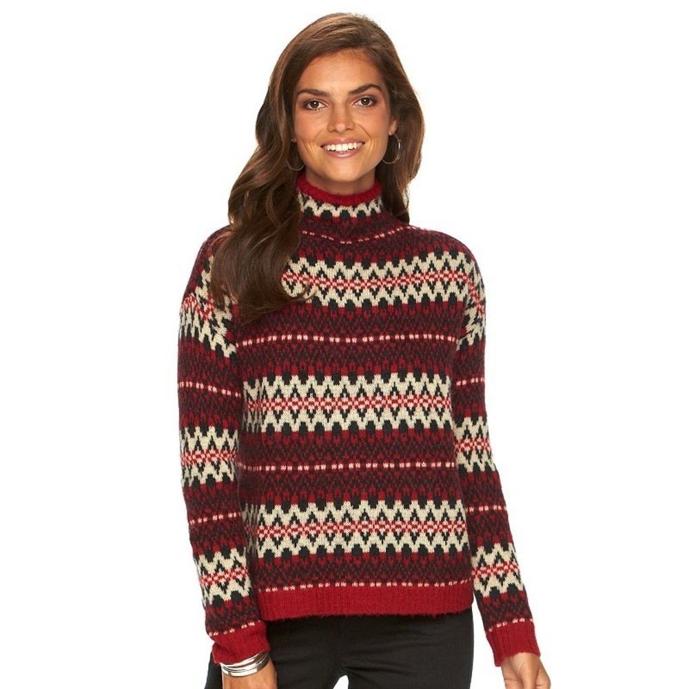 Chaps Red Fairisle Print Mockneck Sweater Women’s Size Medium